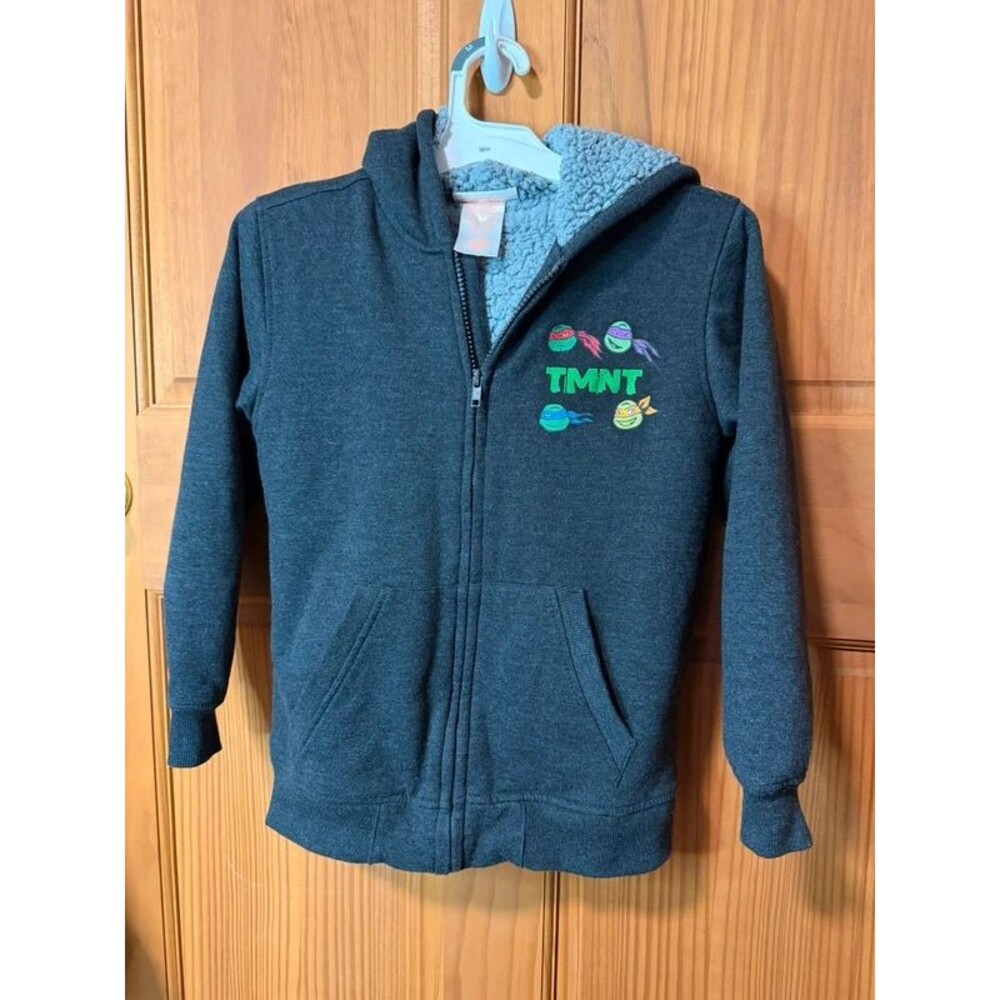 Nickelodeon TMNT Boys Hoodie Size 7/8 Gray Sherpa Zip Up Sweatshirt